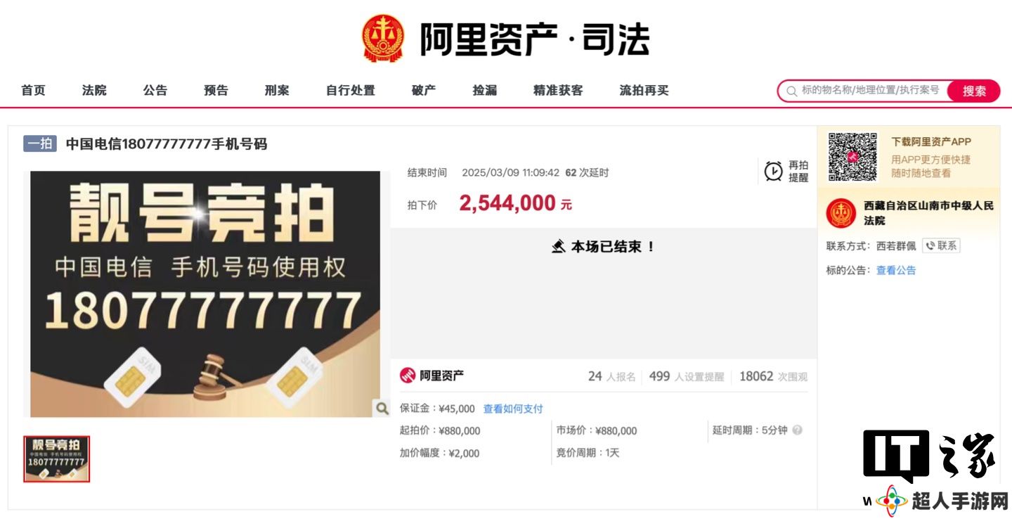 尾号“8 个 7”电信手机靓号拍出 254.4 万元天价，只有使用权没有所有权