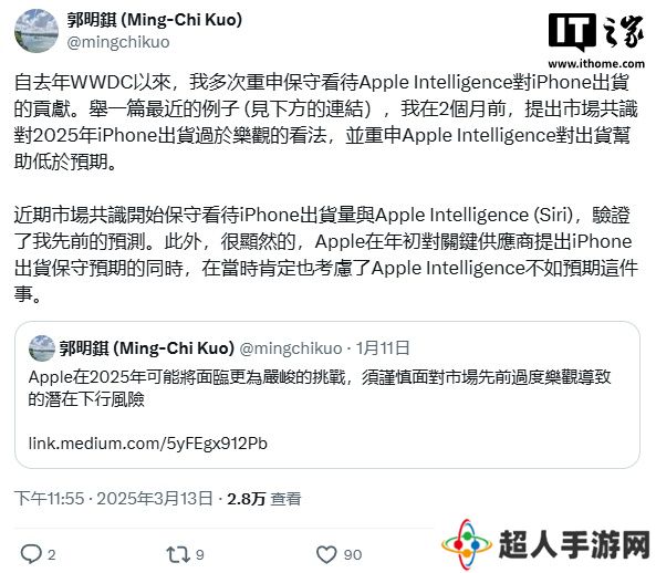 郭明錤：iOS 18 的 Apple Intelligence 功能对 iPhone 16 / Pro 系列出货帮助有限，苹果已意识到问题