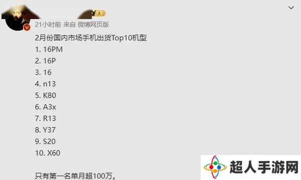 2月手机出货榜：苹果iPhone 16系列霸榜前三，国产手机中端市场发力